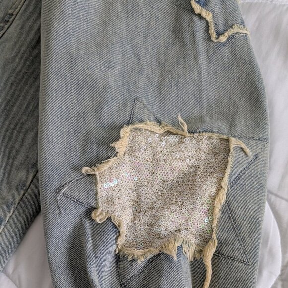 Savanna Jane Jean Jacket Women's Large Distressed Embroidered Pink Stars Sequins - Picture 9 of 16